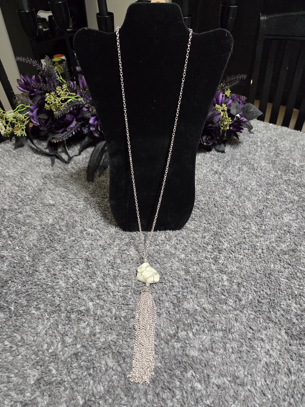 Long Silver Tassel Necklace with Cream Marbled Stone - Women Jewelry